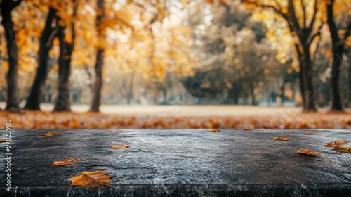 A serene autumn scene with a stone surface and fallen leaves in a park setting.