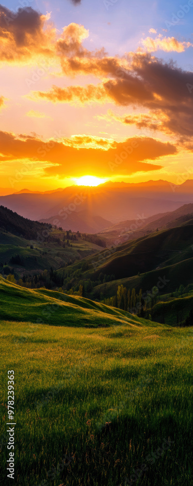 A beautiful sunset over a grassy hillside. The sky is filled with clouds and the sun is setting, casting a warm glow over the landscape. The scene is peaceful and serene A beautiful sunset over a grassy hillside. The sky is filled with clouds and the sun is setting, casting a warm glow over the landscape. The scene is peaceful and serene