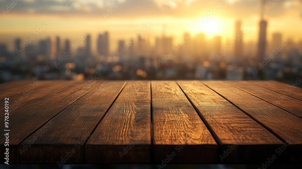 A wooden table in front of a city skyline at sunset, creating a warm, inviting atmosphere. A wooden table in front of a city skyline at sunset, creating a warm, inviting atmosphere.