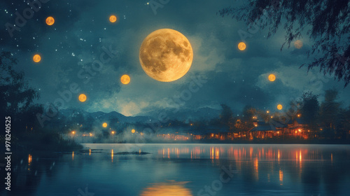 sight of full moon creates magical atmosphere over serene lake