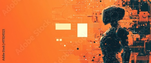 Futuristic robot silhouette against an abstract digital background. photo