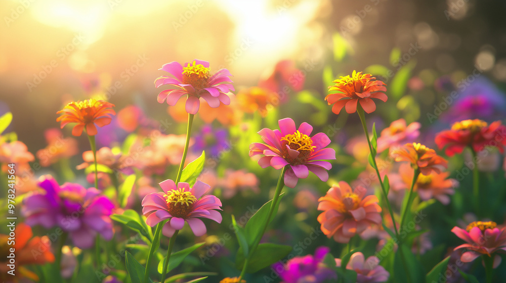 A field of colorful zinnias in full bloom each flower bursting with bright pinks oranges and yellows. A field of colorful zinnias in full bloom each flower bursting with bright pinks oranges and yellows.