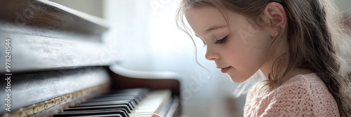 A young girl plays the piano, immersed in music and creativity. photo