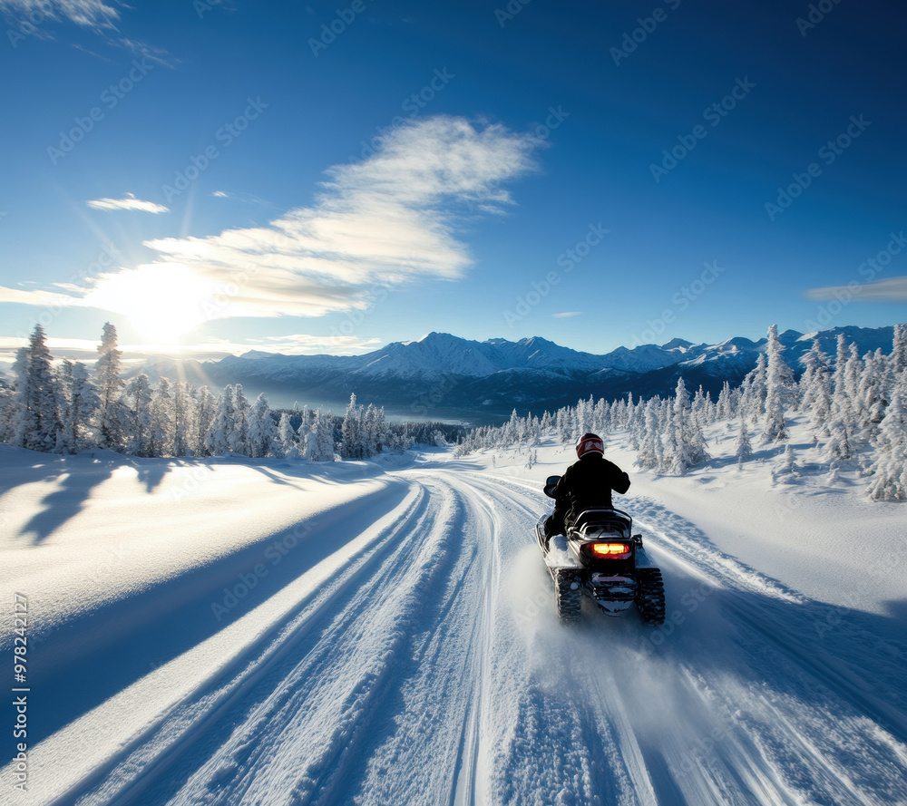 A man is driving a snowmobile down a snowy road. The sky is blue and the sun is shining, creating a bright and cheerful atmosphere A man is driving a snowmobile down a snowy road. The sky is blue and the sun is shining, creating a bright and cheerful atmosphere