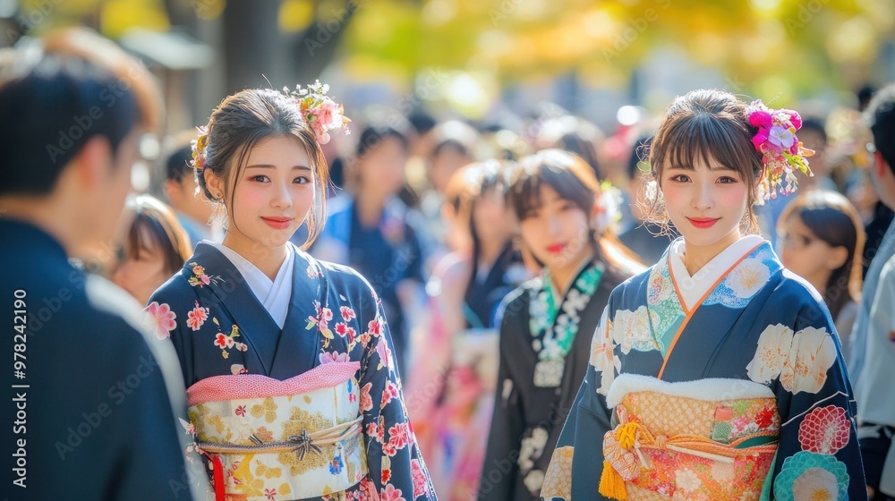 Two Women in Traditional Japanese Kimonos at a Festive Event Two Women in Traditional Japanese Kimonos at a Festive Event