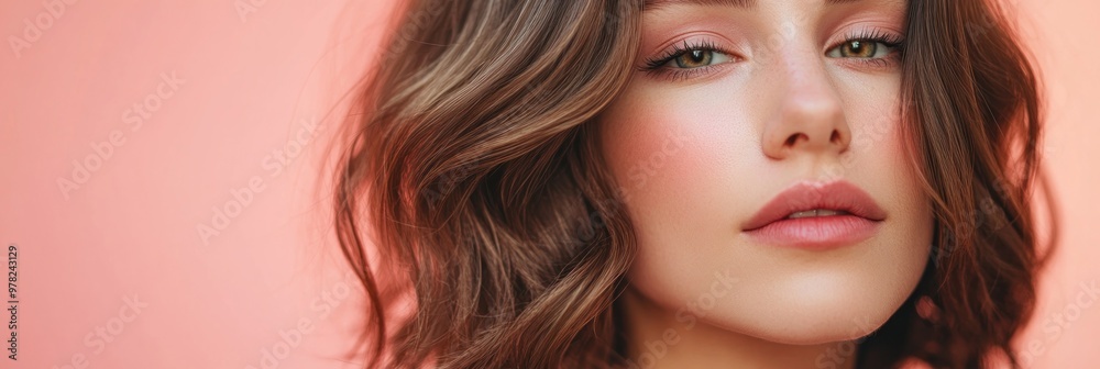 Fototapeta premium Close-up portrait of a woman with soft makeup against a pink backdrop.