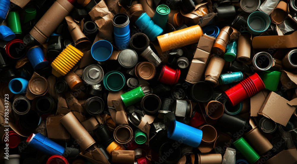 A pile of trash with many different colored cans and bottles. Concept of waste and pollution, as well as the need for proper disposal and recycling of materials A pile of trash with many different colored cans and bottles. Concept of waste and pollution, as well as the need for proper disposal and recycling of materials