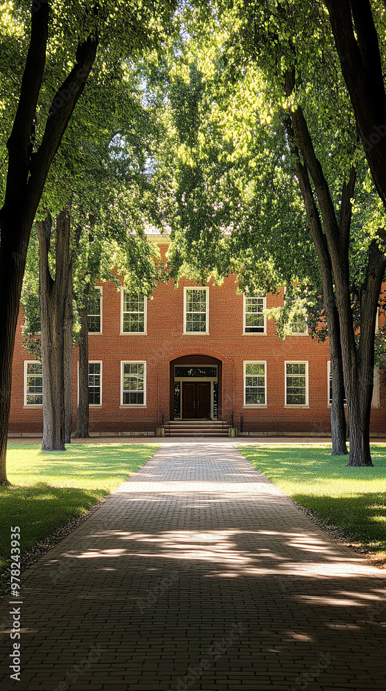 Fototapeta premium A serene pathway lined with trees leading to a historic brick building, perfect for educational or architectural themes.