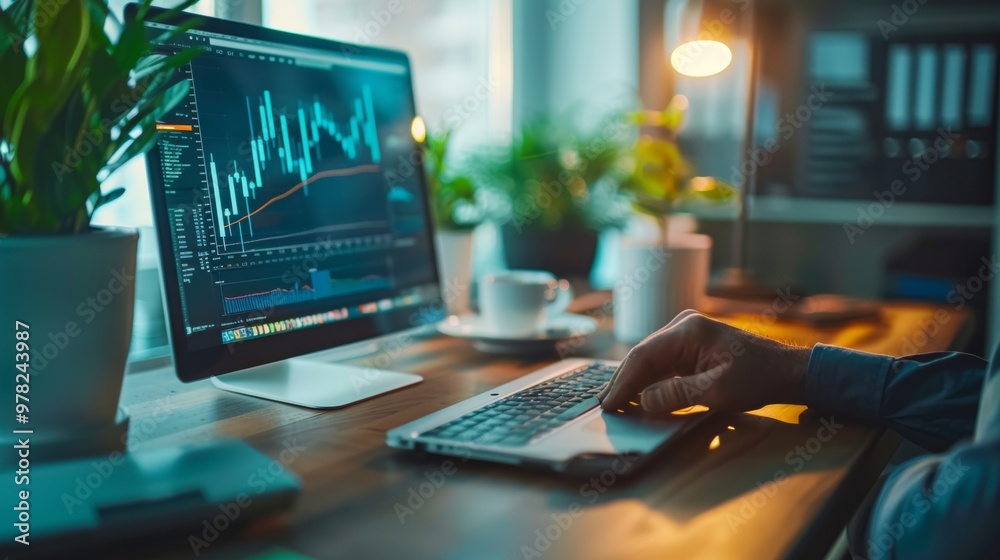 Hand working on financial graphs at a home office Hand working on financial graphs at a home office