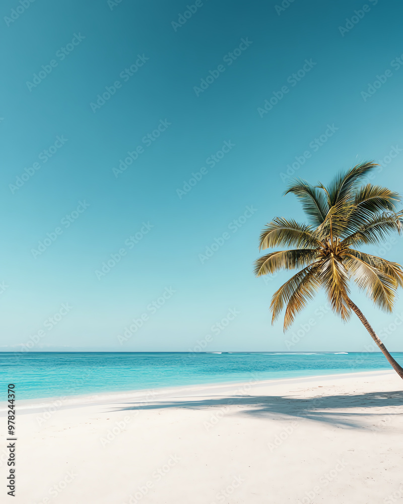 A serene tropical beach scene featuring a single palm tree against a clear blue sky and tranquil turquoise water. A serene tropical beach scene featuring a single palm tree against a clear blue sky and tranquil turquoise water.