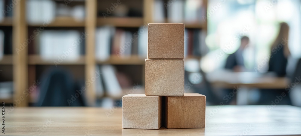 Wooden blocks stacked on top of each other, each block slightly smaller than the one below it. The background shows an out-of-focus office setting with bookshelves and blurry people in motion. 
