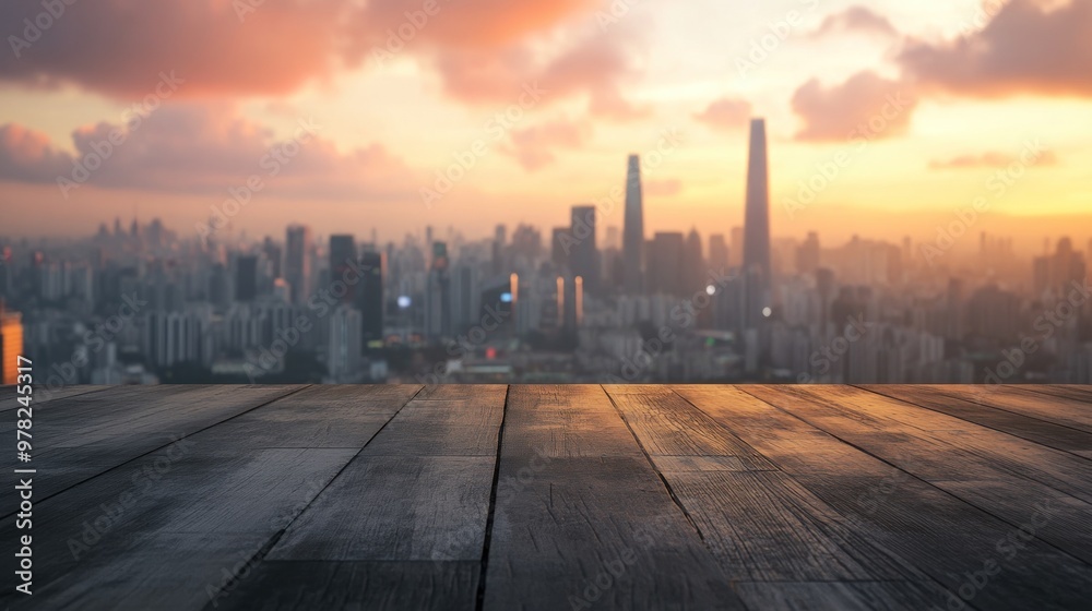 A scenic city skyline at sunset viewed from a wooden platform.