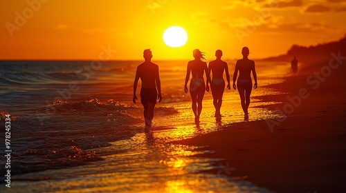 Friends enjoying a sunset by the beach, their silhouettes glowing against the warm horizon, symbolizing peace and happiness Beach sunset joy, Friendship and happiness