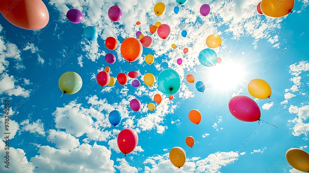 Surreal image of balloons floating into a bright sky, symbolizing freedom and happiness Balloons in sky, Abstract joy Surreal image of balloons floating into a bright sky, symbolizing freedom and happiness Balloons in sky, Abstract joy
