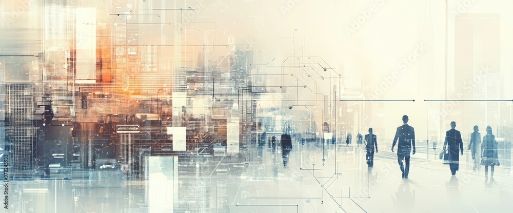 Obraz premium Abstract representation of people in a digital cityscape, symbolizing technology and connectivity.