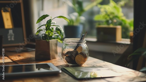Jar of coins with plants and office supplies on a wooden desk photo