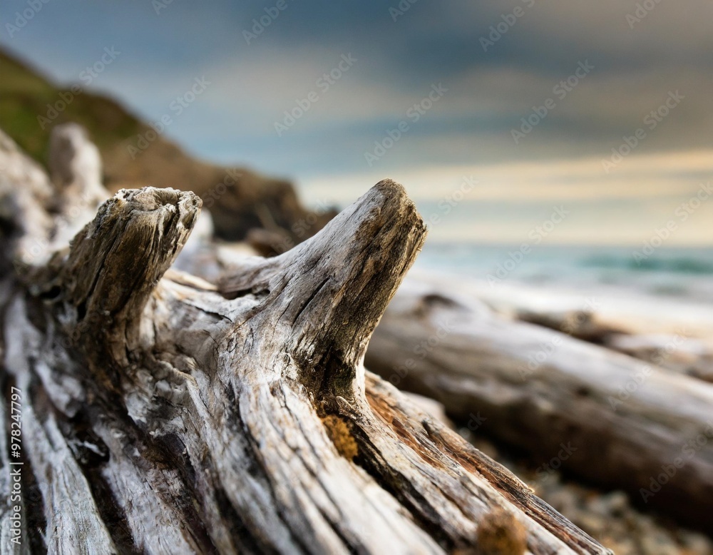 Weathered driftwood texture with depth of field on a coastal background Weathered driftwood texture with depth of field on a coastal background