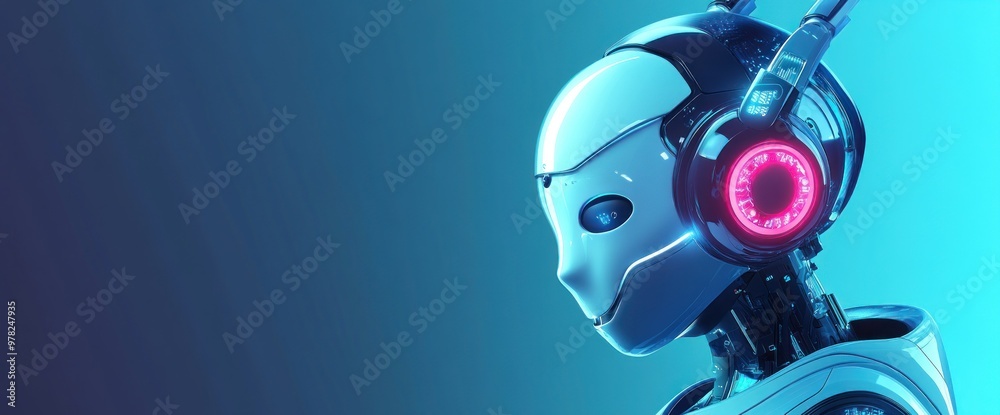 A futuristic robot with headphones, set against a vibrant gradient background. A futuristic robot with headphones, set against a vibrant gradient background.