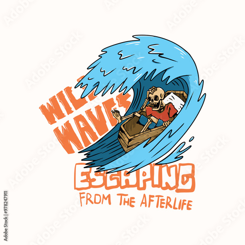 A skeleton in a coffin and surfing on big waves. Suitable for t shirt design, poster, print, etc