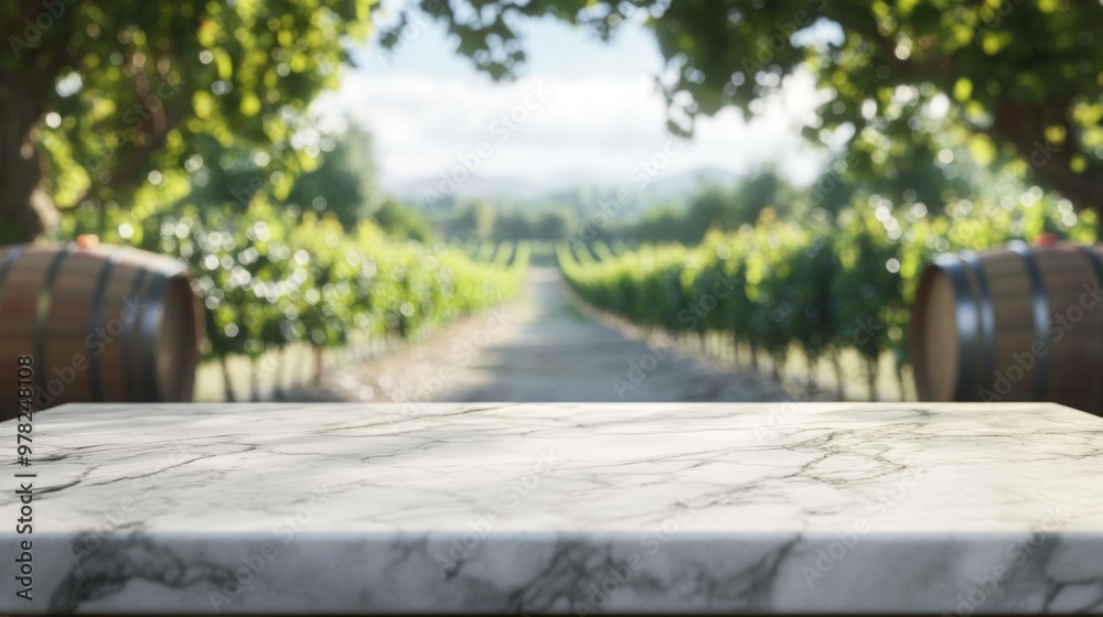 A serene vineyard scene with a marble table in the foreground and lush grapevines in the background. A serene vineyard scene with a marble table in the foreground and lush grapevines in the background.