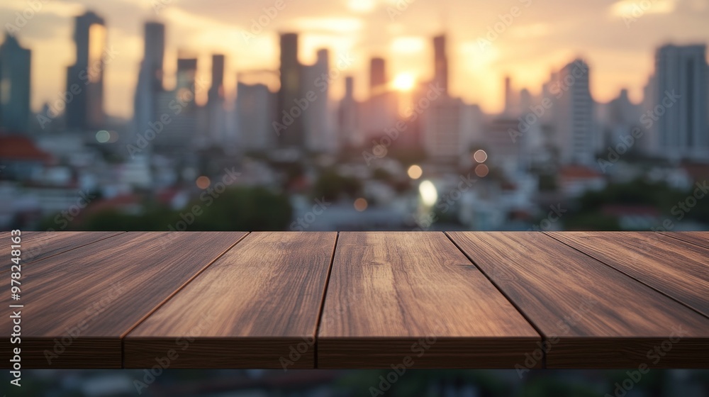 A wooden table in the foreground with a city skyline and sunset in the background. A wooden table in the foreground with a city skyline and sunset in the background.