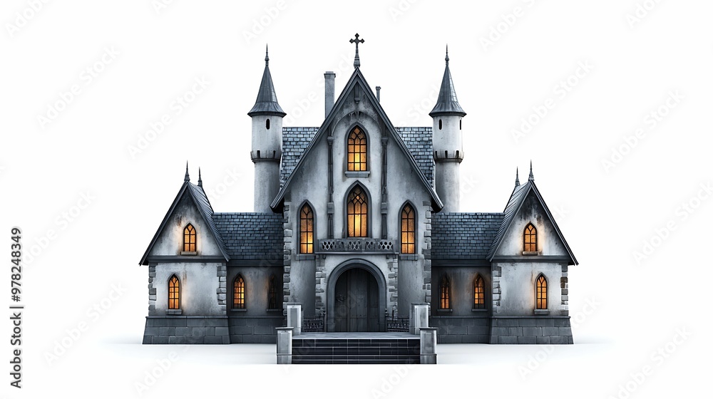 Fototapeta premium Eerie Gothic Halloween Castle in Clear Light and Sharp Detail on White Background
