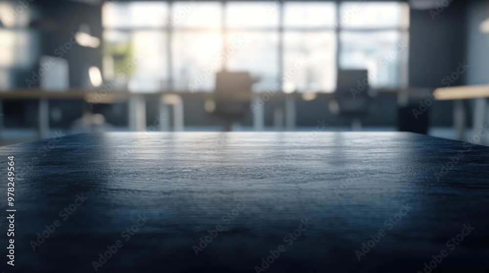 A modern office space with a focus on a sleek table and blurred background furniture.