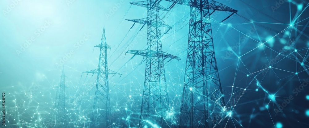 Abstract representation of power lines and digital connections in a technological landscape. Abstract representation of power lines and digital connections in a technological landscape.