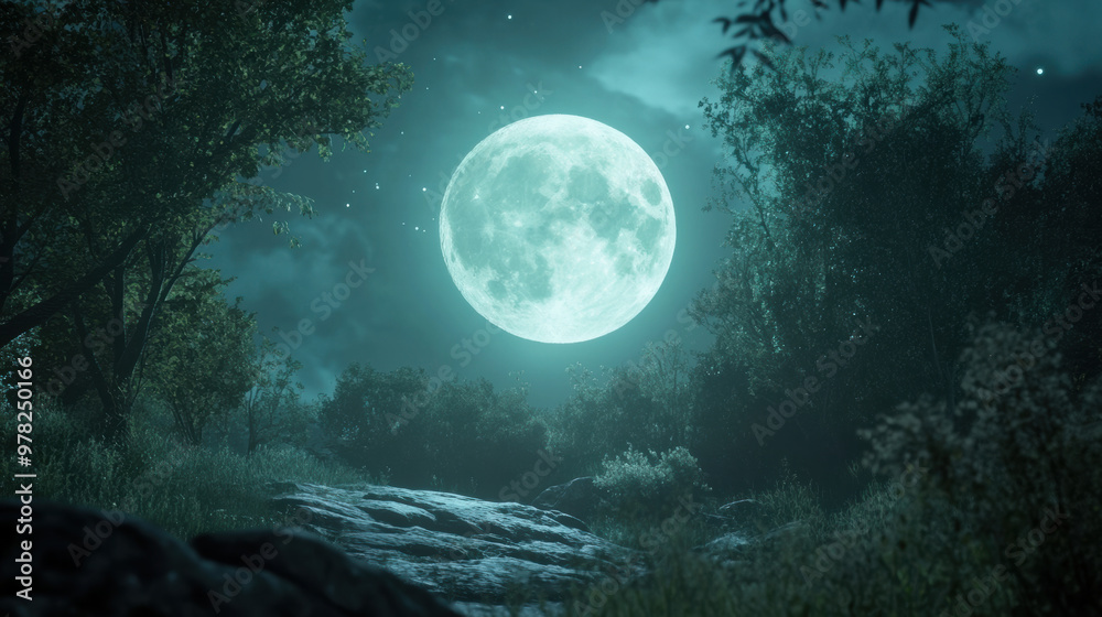 A serene full moon illuminates tranquil forest scene, creating mystical atmosphere A serene full moon illuminates tranquil forest scene, creating mystical atmosphere