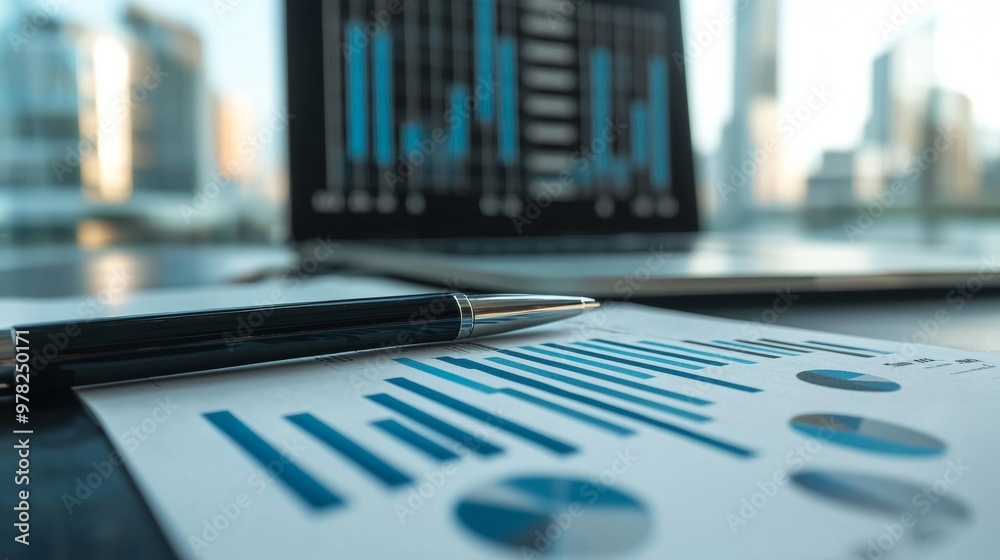Close-up of financial graphs with pen and blurred laptop screen Close-up of financial graphs with pen and blurred laptop screen