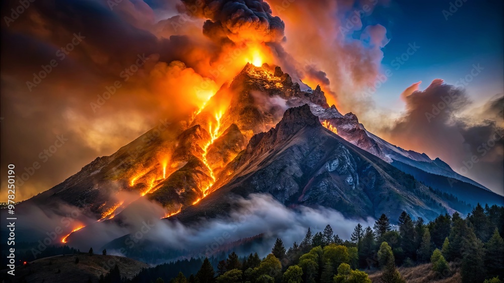 Fototapeta premium A dramatic photo of a mountain engulfed in flames and smoke at midnight