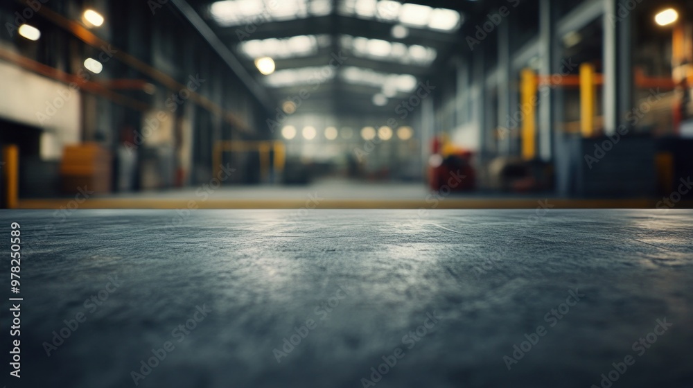 A blurred view of an industrial warehouse interior with a concrete floor. A blurred view of an industrial warehouse interior with a concrete floor.