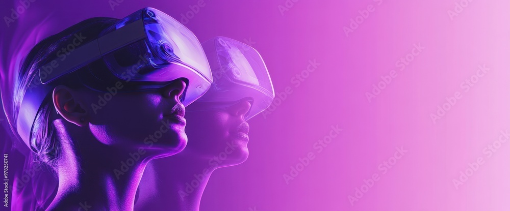 Two profiles wearing virtual reality headsets against a gradient background.