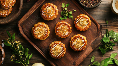 Delicious mini mooncakes arranged beautifully on wooden platter