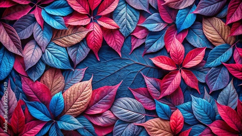 Abstract pattern of red, pink, and blue leaves