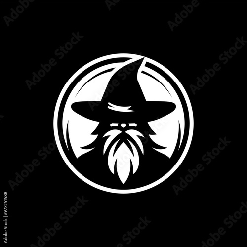 wizard warlock head with hat logo black and white vector