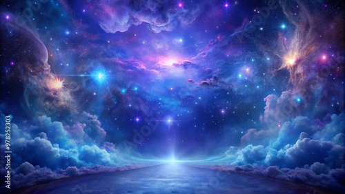 Mystical realm of celestial pathways in indigo and violet hues, filled with stardust and nebulae in the ethereal cosmos