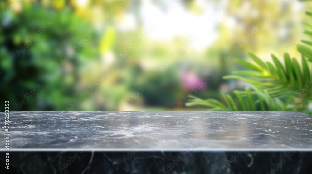 A blurred garden background with a dark marble countertop in focus. A blurred garden background with a dark marble countertop in focus.