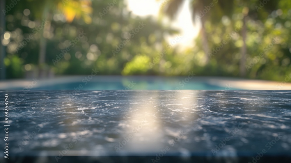 Fototapeta premium A blurred view of a poolside with a marble surface in focus, creating a serene atmosphere.