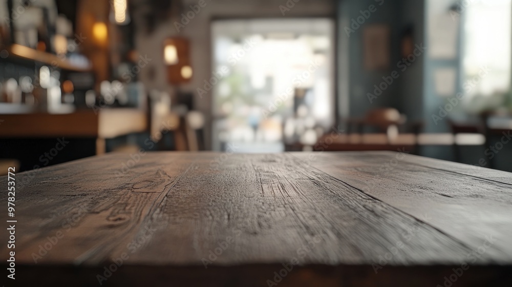 A close-up view of a wooden table in a cozy café setting. A close-up view of a wooden table in a cozy café setting.