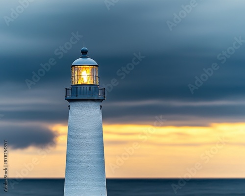 A tall white lighthouse stands against a stormy sky, its beacon shining brightly against the dark clouds.