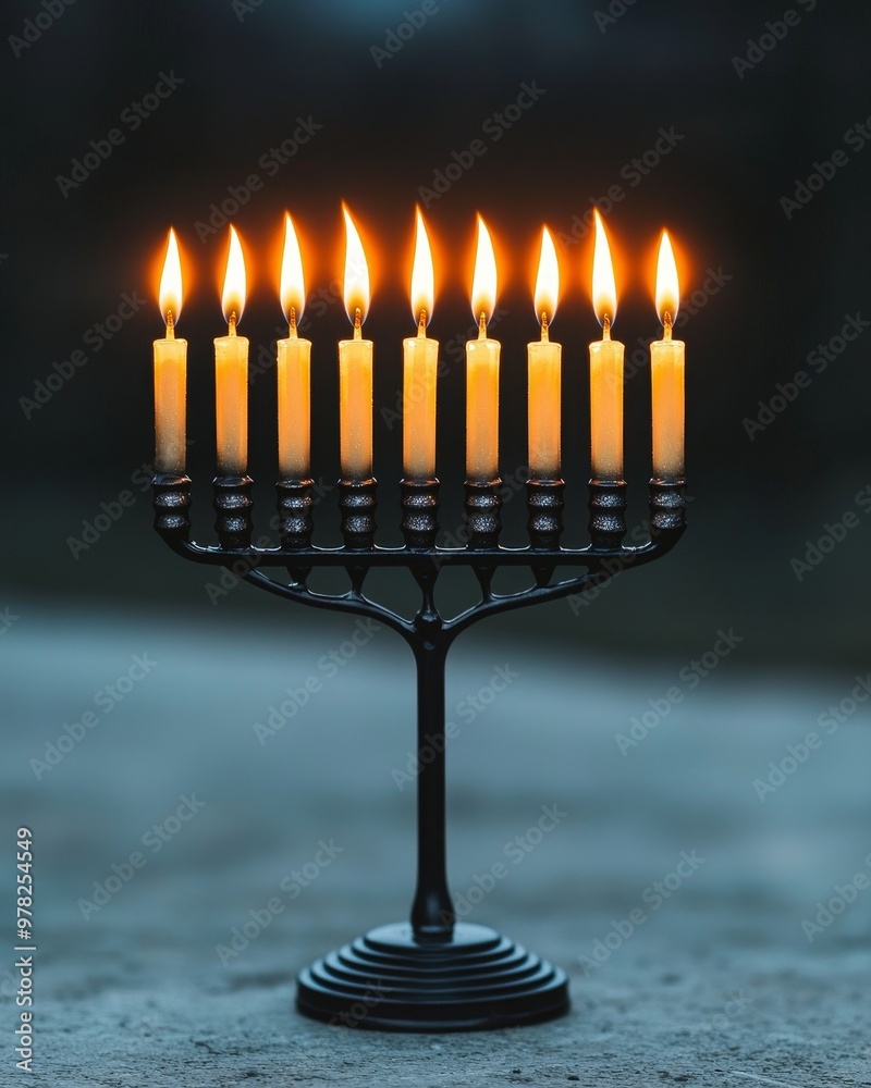Fototapeta premium A traditional menorah with nine lit candles, glowing against a dark background.