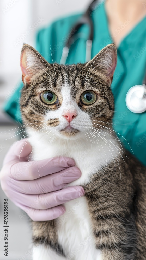 A veterinarian gently holds a tabby cat during an examination. The cat looks directly at the camera. A veterinarian gently holds a tabby cat during an examination. The cat looks directly at the camera.