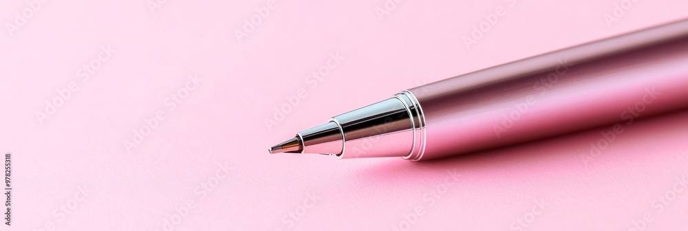 A close-up of a silver pen on a pink background, emphasizing writing tools.