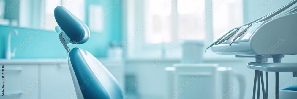 A modern dental clinic interior featuring a patient chair and dental equipment. A modern dental clinic interior featuring a patient chair and dental equipment.