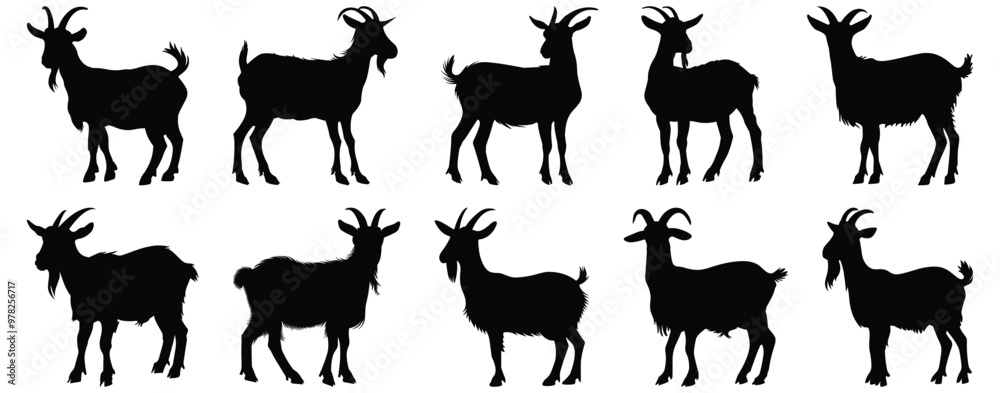 Fototapeta premium Goat silhouettes set, animal pack of vector silhouette design, isolated background