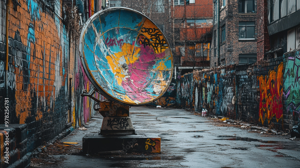 Fototapeta premium A colorful satellite dish featuring graffiti art stands in an urban alleyway