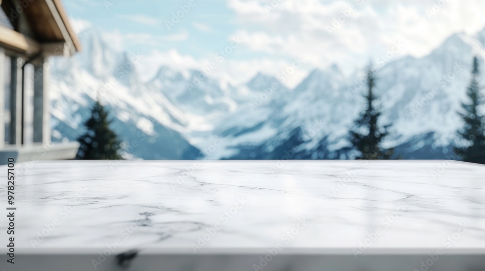 A marble surface in the foreground with a scenic mountain landscape in the background. A marble surface in the foreground with a scenic mountain landscape in the background.