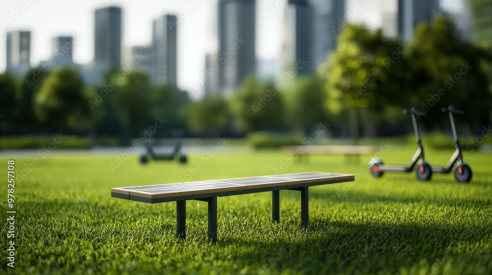 A wooden bench sits on a grassy lawn in a park with electric scooters in the background. The cityscape is blurred in the distance. A wooden bench sits on a grassy lawn in a park with electric scooters in the background. The cityscape is blurred in the distance.