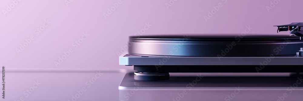 A close-up of a sleek turntable on a reflective surface, showcasing modern design. A close-up of a sleek turntable on a reflective surface, showcasing modern design.